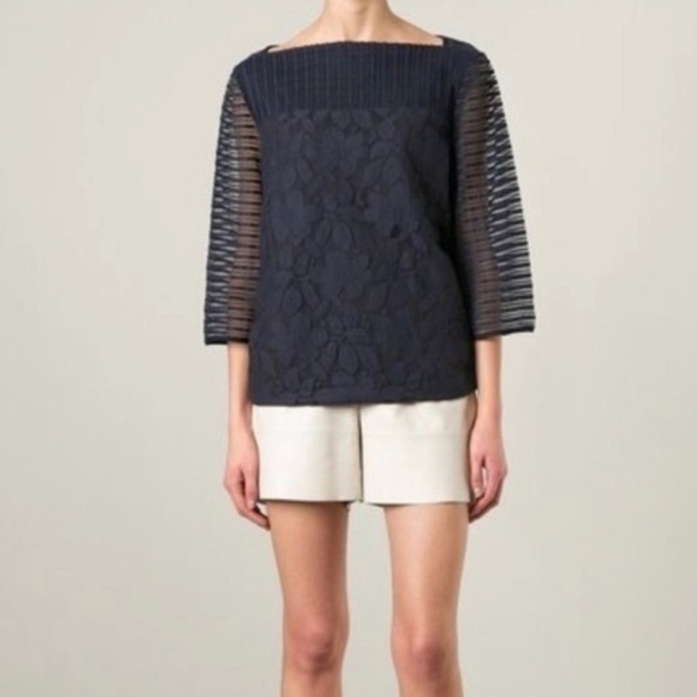 Tory Burch Lindsey Navy Blue Floral Stripes Lace Top Small